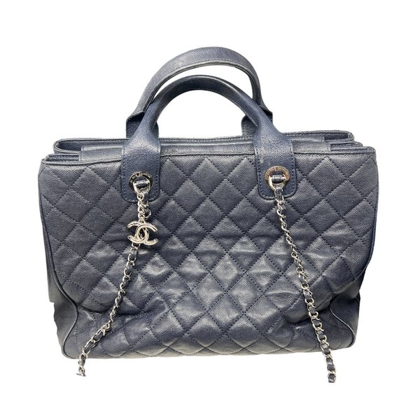 Chanel Large Matelassé Quilted Caviar Shopping Tote Bag Navy Dark Blue - Picture 4 of 17